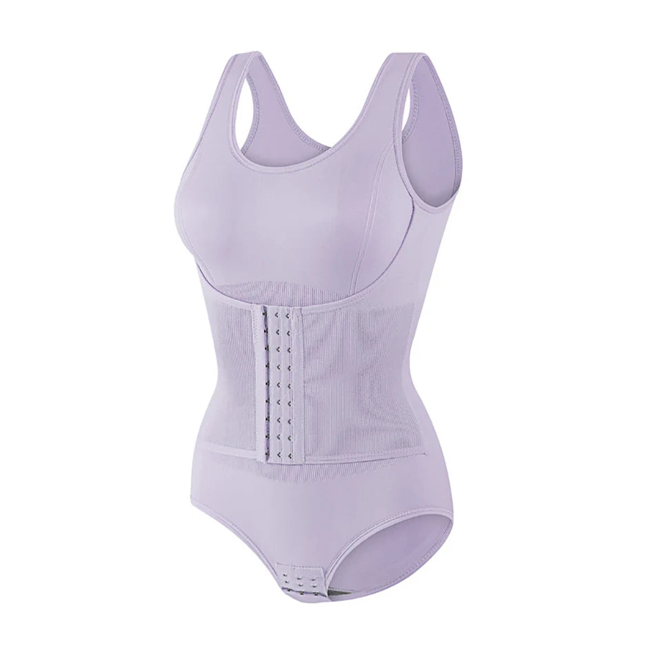 Lavender compression bodysuit on a white background