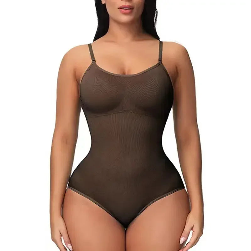 Brown bodysuit worn by a model on a white background