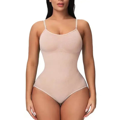 Beige bodysuit worn by a model on a white background