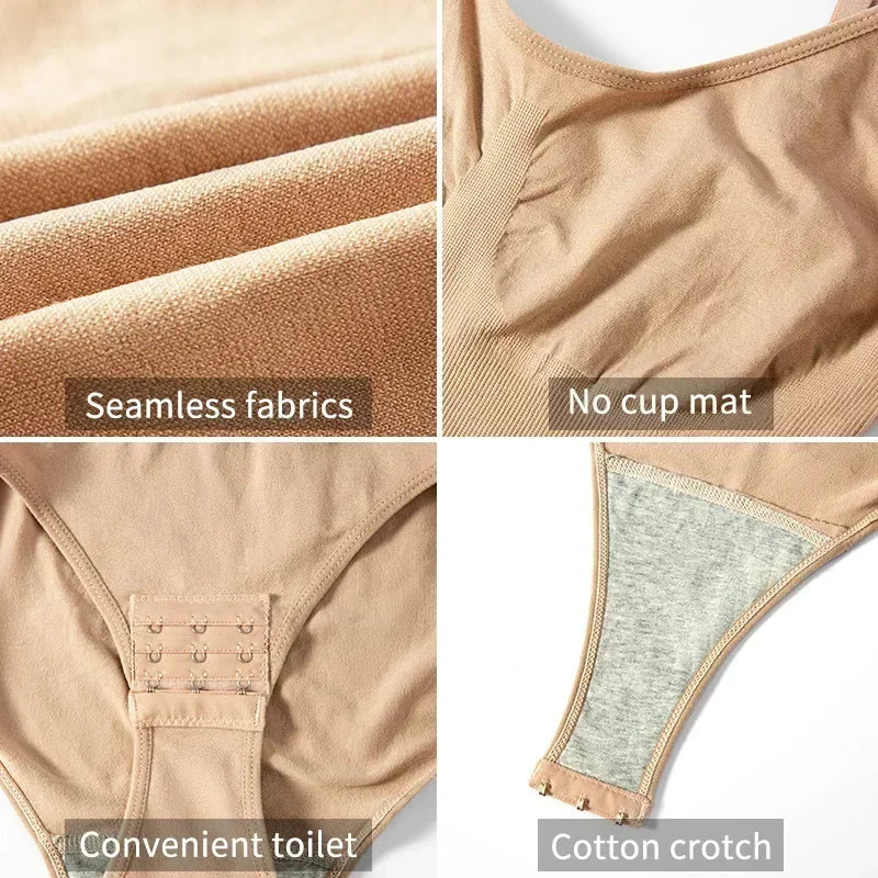 Close-up details of bodysuit features including seamless construction and cotton comfort panel