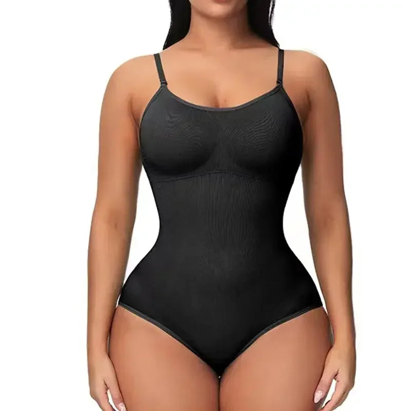 Woman wearing black seamless bodysuit with thin adjustable straps