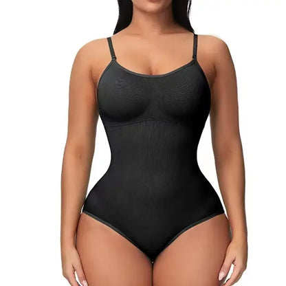 Woman wearing black seamless bodysuit with thin adjustable straps