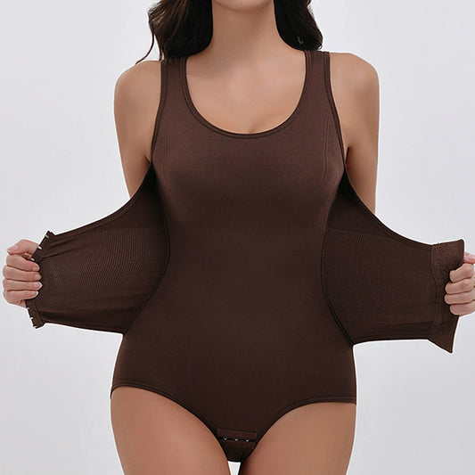Brown bodysuit worn by a model on a white background