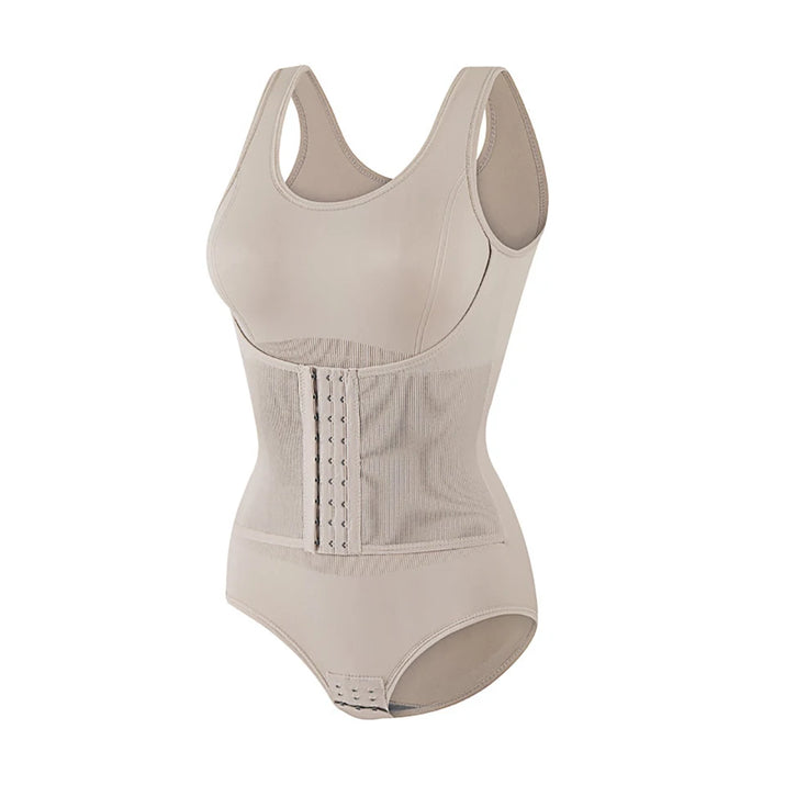Beige compression bodysuit on a white background