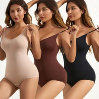 Three women wearing seamless bodysuits in beige, brown, and black with adjustable straps