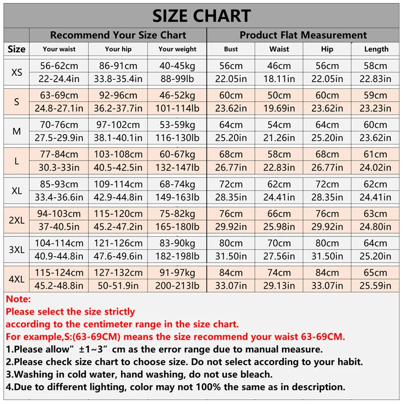 Size chart showing measurements in centimeters and inches for XS through 4XL