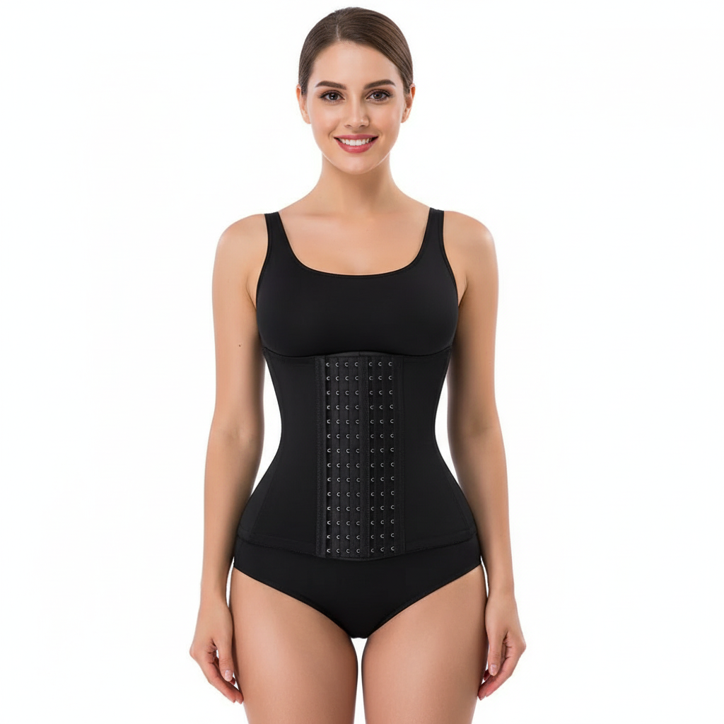 Woman wearing a black body shaper on a white background