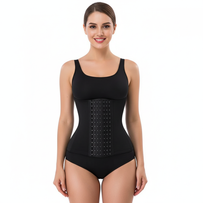 Woman wearing a black body shaper on a white background