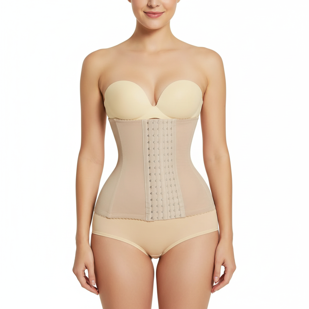 Woman wearing a beige body shaper  on a white background