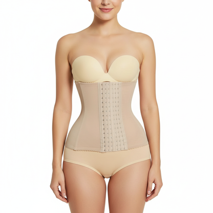 Woman wearing a beige body shaper  on a white background