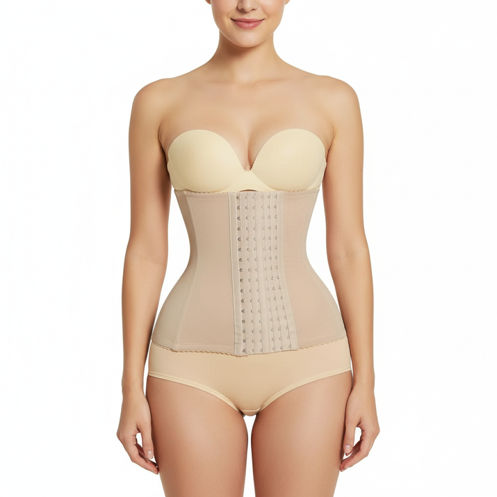 Woman wearing a beige body shaper  on a white background