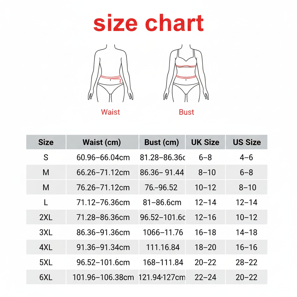 Size chart for waist and bust measurements with corresponding UK and US sizes.