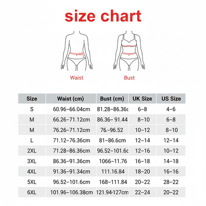 Size chart for waist and bust measurements with corresponding UK and US sizes.
