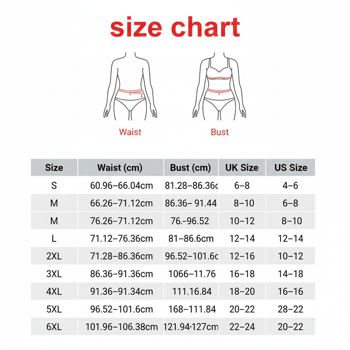 Size chart for waist and bust measurements with corresponding UK and US sizes.